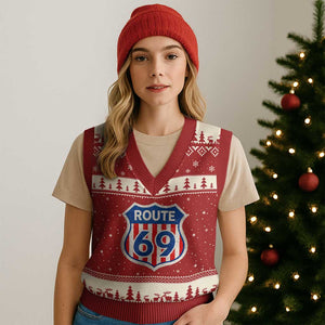 Vintage Route 69 Highway Road Trip Sign Distressed American Flag V-Neck Knit Sweater Vest TS11 Red Beige Print Your Wear