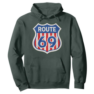 Vintage Route 69 Highway Road Trip Sign Distressed American Flag Hoodie TS11 Dark Forest Green Print Your Wear