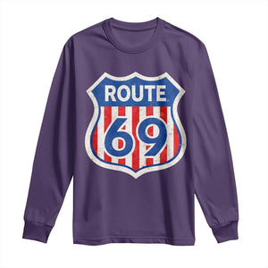 Vintage Route 69 Highway Road Trip Sign Distressed American Flag Long Sleeve Shirt TS11 Purple Print Your Wear