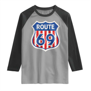 Vintage Route 69 Highway Road Trip Sign Distressed American Flag Raglan Shirt TS11 Sport Gray Black Print Your Wear