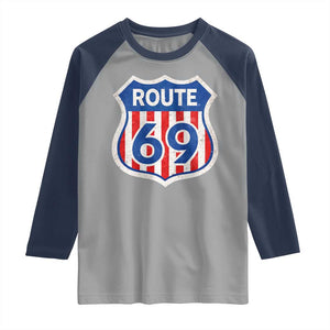 Vintage Route 69 Highway Road Trip Sign Distressed American Flag Raglan Shirt TS11 Sport Gray Navy Print Your Wear