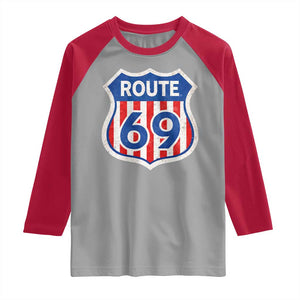 Vintage Route 69 Highway Road Trip Sign Distressed American Flag Raglan Shirt TS11 Sport Gray Red Print Your Wear