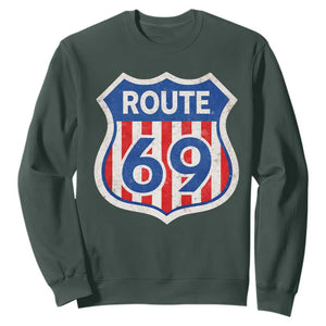 Vintage Route 69 Highway Road Trip Sign Distressed American Flag Sweatshirt TS11 Dark Forest Green Print Your Wear
