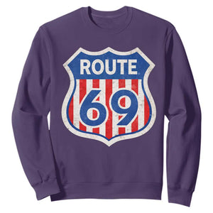 Vintage Route 69 Highway Road Trip Sign Distressed American Flag Sweatshirt TS11 Purple Print Your Wear