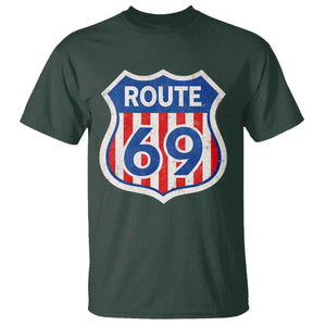 Vintage Route 69 Highway Road Trip Sign Distressed American Flag T Shirt TS11 Dark Forest Green Print Your Wear