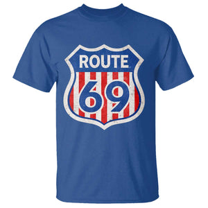 Vintage Route 69 Highway Road Trip Sign Distressed American Flag T Shirt TS11 Royal Blue Print Your Wear