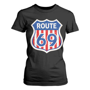 Vintage Route 69 Highway Road Trip Sign Distressed American Flag T Shirt For Women TS11 Black Print Your Wear
