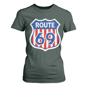 Vintage Route 69 Highway Road Trip Sign Distressed American Flag T Shirt For Women TS11 Dark Forest Green Print Your Wear