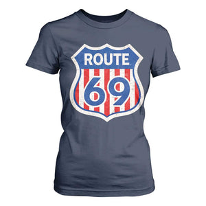 Vintage Route 69 Highway Road Trip Sign Distressed American Flag T Shirt For Women TS11 Navy Print Your Wear