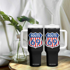 Vintage Route 69 Highway Road Trip Sign Distressed American Flag Tumbler With Handle TS11 Print Your Wear