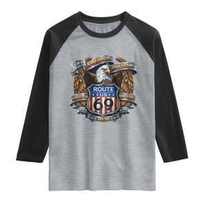 250 Years Of America 100 Years Of Route 69 Raglan Shirt Bald Eagle Vintage American Flag TS11 Heather Gray Black Print Your Wear