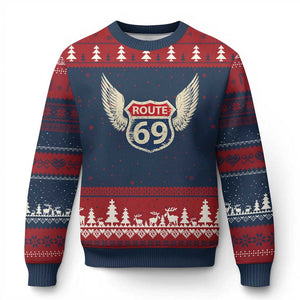 Vintage Route 69 Highway Road Trip Sign Ugly Christmas Sweater TS11 Navy Red Print Your Wear