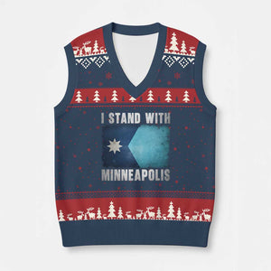 I Stand With Minneapolis V-Neck Knit Sweater Vest Social Justice and Immigration Protest MN Flag TS11 Navy Red Print Your Wear