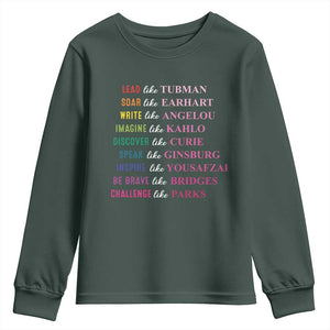 National Women's History Month Youth Sweatshirt Lead Like Tubman Challenge Like Parks TS11 Dark Forest Green Print Your Wear