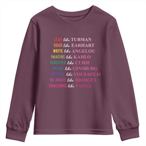 National Women's History Month Youth Sweatshirt Lead Like Tubman Challenge Like Parks TS11 Maroon Print Your Wear