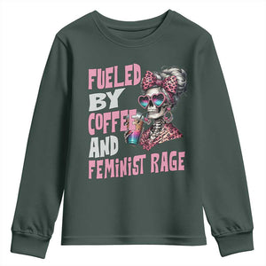 Fueled By Coffee And Feminist Rage Youth Sweatshirt Feminism Coffee Lovers TS11 Dark Forest Green Print Your Wear