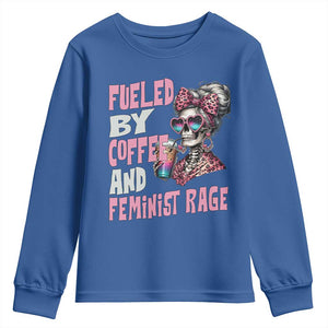 Fueled By Coffee And Feminist Rage Youth Sweatshirt Feminism Coffee Lovers TS11 Royal Blue Print Your Wear
