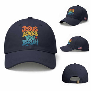 Jesus Loves You Bruh Baseball Cap Funny Christian Believer Faith God Retro Religious TS11 Baseball Cap Universal Fit Navy Print Your Wear