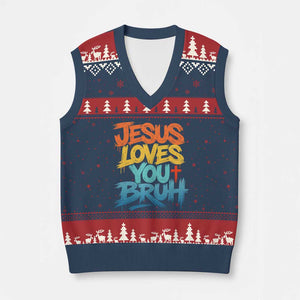 Jesus Loves You Bruh V-Neck Knit Sweater Vest Funny Christian Believer Faith God Retro Religious TS11 Navy Red Print Your Wear