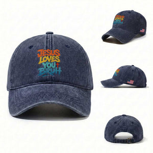 Jesus Loves You Bruh Washed Cotton Baseball Cap Funny Christian Believer Faith God Retro Religious TS11 Washed Cap Universal Fit Navy Print Your Wear