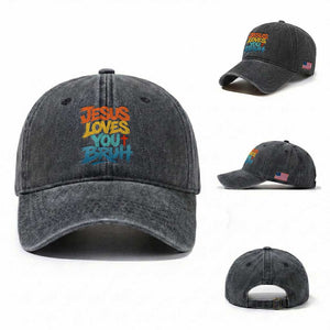 Jesus Loves You Bruh Washed Cotton Baseball Cap Funny Christian Believer Faith God Retro Religious TS11 Washed Cap Universal Fit Dark Gray Print Your Wear