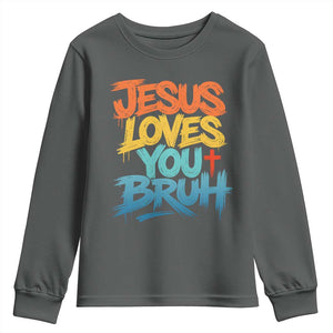 Jesus Loves You Bruh Youth Sweatshirt Funny Christian Believer Faith God Retro Religious TS11 Dark Heather Print Your Wear