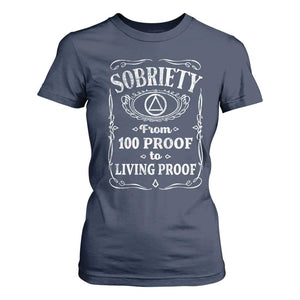 Sobriety From 100 Proof To Living Proof T Shirt For Women Sober Anniversary AA NA Recovery TS11 Navy Print Your Wear