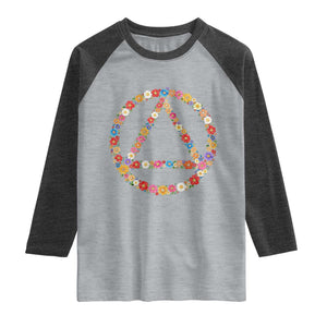 AA Sober Retro Flower Symbol Serenity Recovery Raglan Shirt TS11 Heather Gray Heather Charcoal Print Your Wear