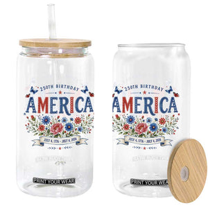 Floral 250th Birthday of America 250 Years USA Patriotic Glass Can