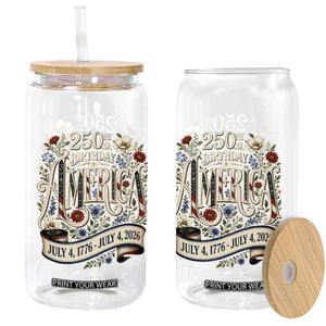 Floral America 250th Birthday Glass Can 4th of July America 250 Years Retro