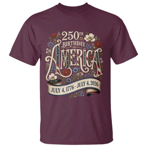 Floral America 250th Birthday T Shirt 4th of July America 250 Years Retro