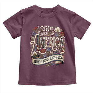 Floral America 250th Birthday Toddler T Shirt 4th of July America 250 Years Retro