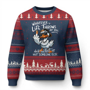 Funny Whatever Life Throws At You Duck And Let It Hit Someone Else Ugly Christmas Sweater TS11 Navy Red Print Your Wear