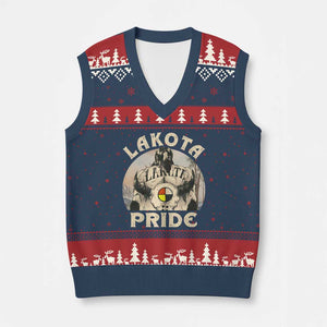 Native American V-Neck Knit Sweater Vest Lakota Pride Medicine Wheel Cow Skull TS11 Navy Red Print Your Wear