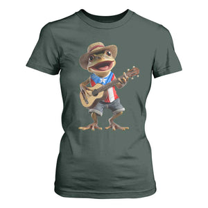Puerto Rico Coqui Frog Puerto Rican Flag Taino Boricua Guitar T Shirt For Women TS11 Dark Forest Green Print Your Wear