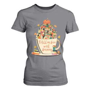 Funny Teacher T Shirt For Women Fall In Love With Learning Autumn Pumpkin Reading Thanksgiving TS11 Charcoal Print Your Wear