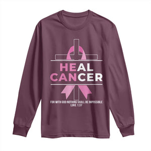 Male Breast Cancer Long Sleeve Shirt He Can Heal Cancer Christian Pink Ribbon TS11 Maroon Print Your Wear