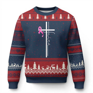 Christian Faith Breast Cancer Awareness Ugly Christmas Sweater Pink Ribbon Christian Cross TS11 Navy Red Print Your Wear