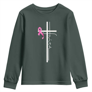 Christian Faith Breast Cancer Awareness Youth Sweatshirt Pink Ribbon Christian Cross TS11 Dark Forest Green Print Your Wear