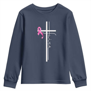 Christian Faith Breast Cancer Awareness Youth Sweatshirt Pink Ribbon Christian Cross TS11 Navy Print Your Wear