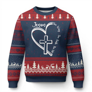 Jesus The Way The Truth The Life Ugly Christmas Sweater Christian Cross With Heart TS11 Navy Red Print Your Wear