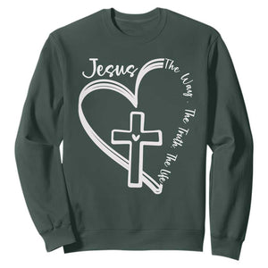 Jesus The Way The Truth The Life Sweatshirt Christian Cross With Heart TS11 Dark Forest Green Print Your Wear
