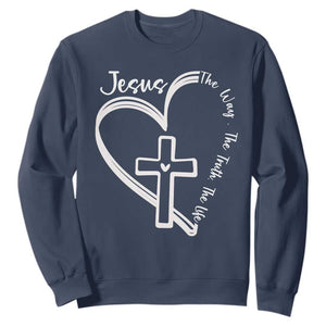 Jesus The Way The Truth The Life Sweatshirt Christian Cross With Heart TS11 Navy Print Your Wear