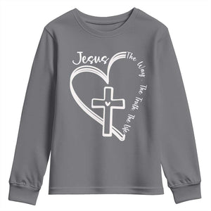 Jesus The Way The Truth The Life Youth Sweatshirt Christian Cross With Heart TS11 Charcoal Print Your Wear