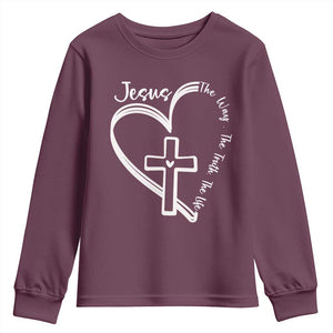 Jesus The Way The Truth The Life Youth Sweatshirt Christian Cross With Heart TS11 Maroon Print Your Wear