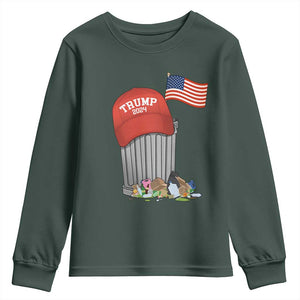 Funny Trump Garbage 2024 Youth Sweatshirt Vintage Trash Bin American Flag TS11 Dark Forest Green Print Your Wear