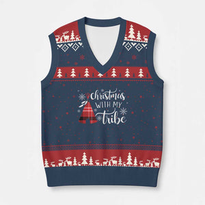 Funny Xmas Native American V-Neck Knit Sweater Vest Xmas With My Tribes TS11 Navy Red Print Your Wear