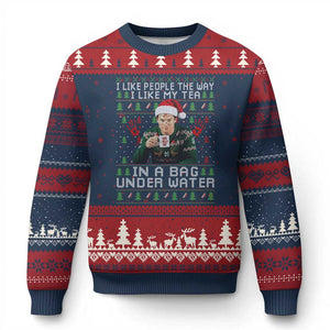 Funny Xmas Crime Drama Ugly Christmas Sweater I Like People The Way I Like My Tea In A Bag Under Water TS11 Navy Red Print Your Wear