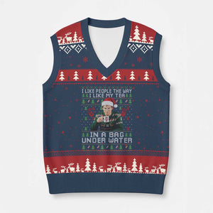 Funny Xmas Crime Drama V-Neck Knit Sweater Vest I Like People The Way I Like My Tea In A Bag Under Water TS11 Navy Red Print Your Wear