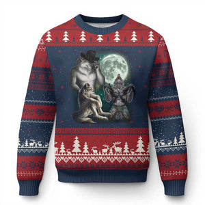Funny Three Alpha Wolf Howling Moon Ugly Christmas Sweater Weird Cringe Werewolf Meme TS11 Navy Red Print Your Wear